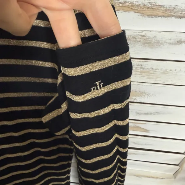 LAUREN RALPH LAUREN Black Gold Stripe Top Monogramed Arm Pocket Medium - Image 8
