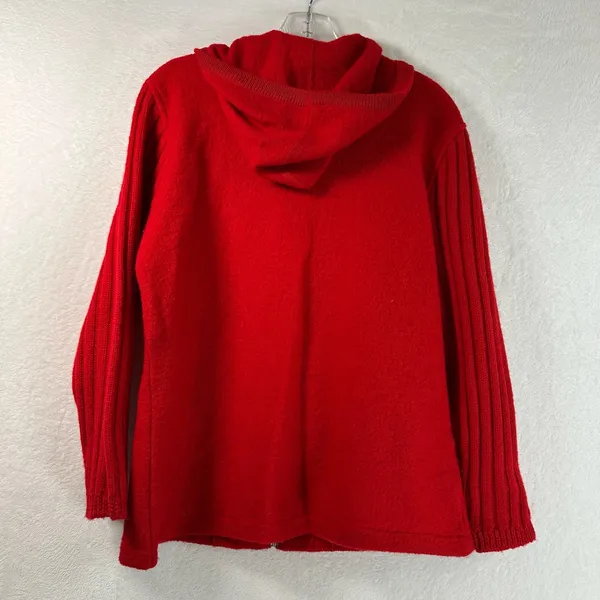 Coldwater Creek Red 100% Wool Hooded Zip Toggle Cardigan Sweater Medium - Image 2