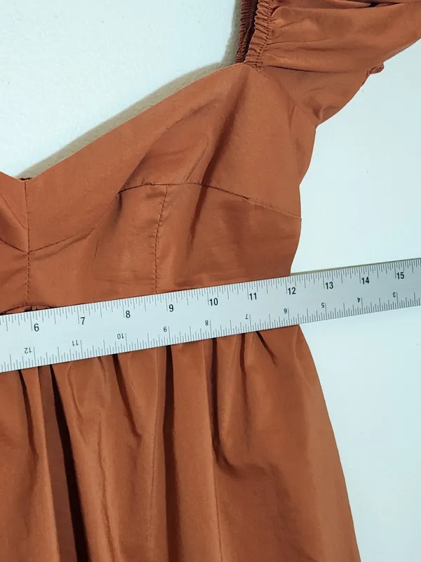 Olivaceous Terra Cotta Puffy Sleeve Mini Dress Size Small Wedding Guest Dress - Image 6