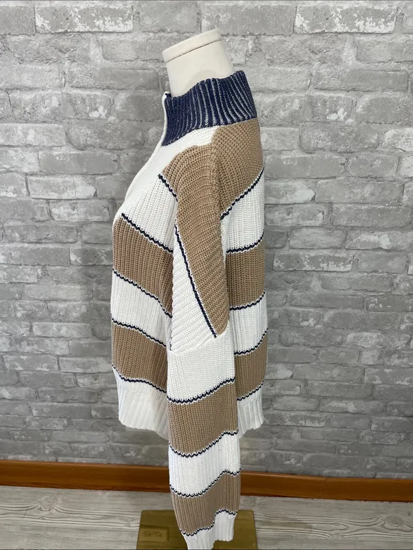 Elan Striped Half-Zip Ribbed Sweater - White, Tan & Navy - Image 2