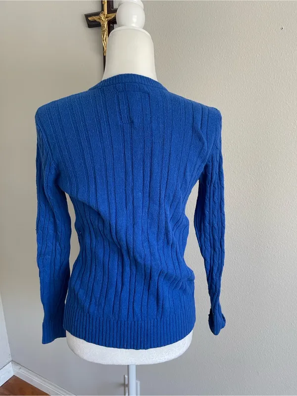 Abercrombie & Fitch Royal Blue Cable-Knit V-Neck Cardigan with Green Logo - Image 5
