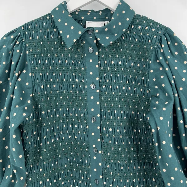 ASOS Smocked Polka Dot‎ Green Mini Dress Long Sleeves Collared Button Size 4 - Image 3
