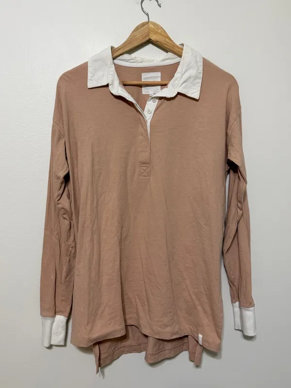 Aerie Oversized Rugby Polo Shirt Size XS Tan Long Sleeve Top - Image 2