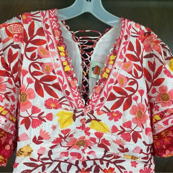 Farm Rio size XS romantic orchard tiered midi dress pink red white - Image 7