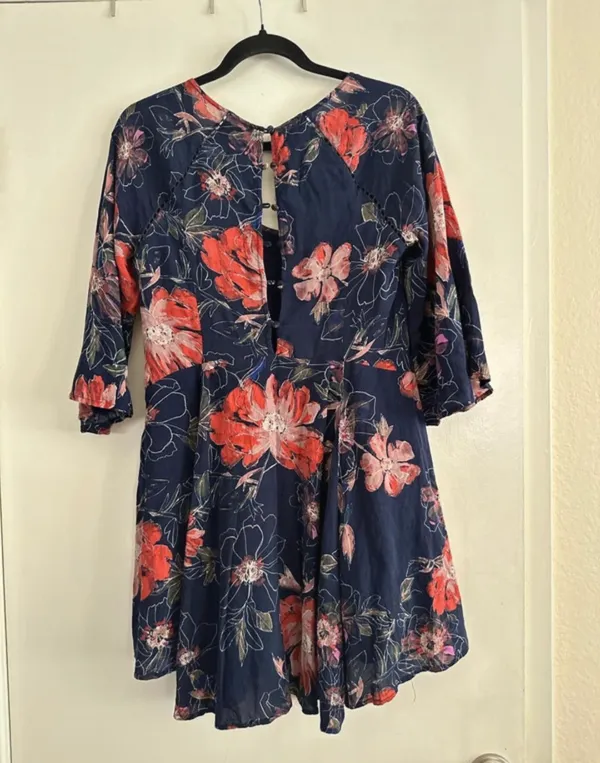 Free People Navy Floral Keyhole Blouse with Pink & Coral Accents - Image 2
