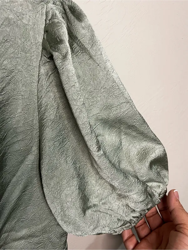 Petal & Pup Piper Sage Green Shiny Tie Front Button Front Midi Dress - Image 8