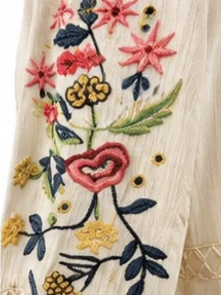 En Crème Embroidered Boho Babydoll Tunic Dress Ivory Rayon Embroidery Medium - Image 3