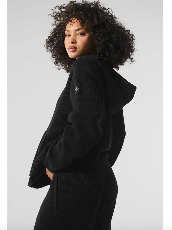 ALO YOGA Domain Rib Knit Full Zip Sweater Top in Black Size Large - Image 2