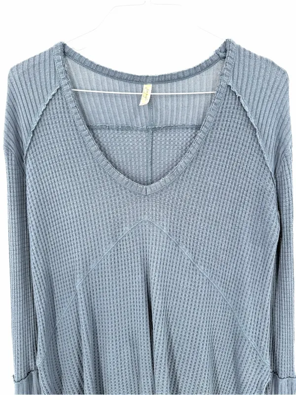 Free People Blue Gray Sunset Park Drippy Thermal Waffle Knit Oversized Shirt Top - Image 4