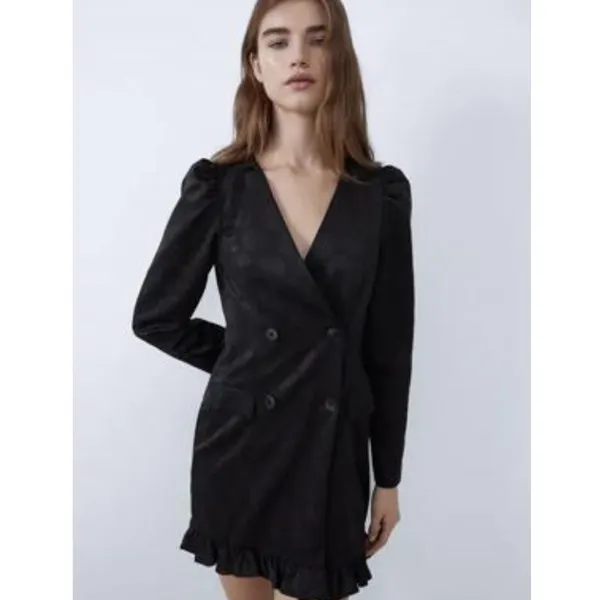 ZARA Jacquard Dot Puff Shoulder Blazer Mini Dress Black Size Small - Image 5