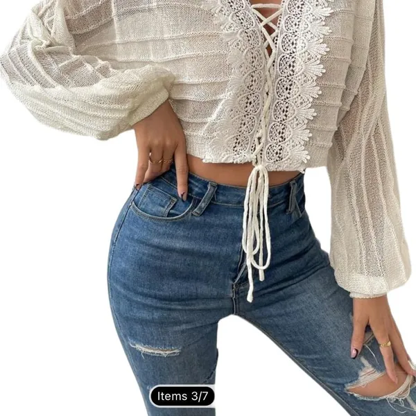 SheIn Boho Cream Lightweight Long Sleeve Top Lace Up Gauze With Crochet Trim Sz L - Image 4