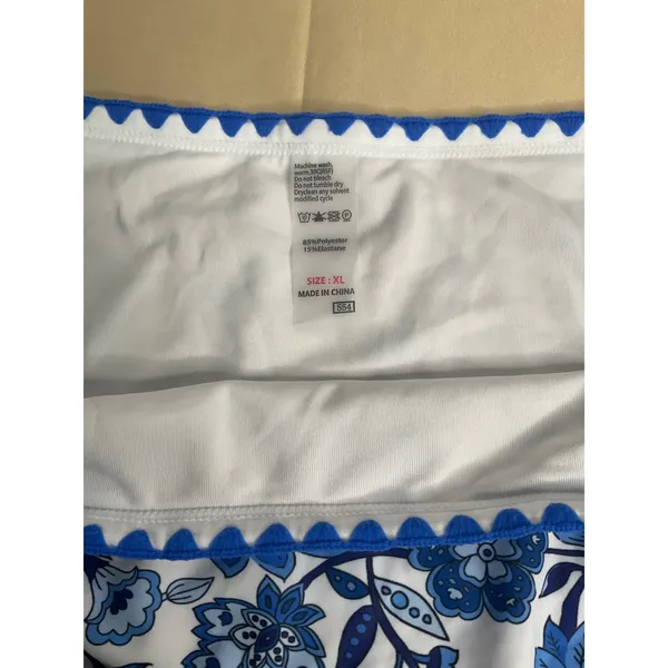 Womens Blue White Floral High Waisted Bikini Set Scallop Trim XL - Image 6