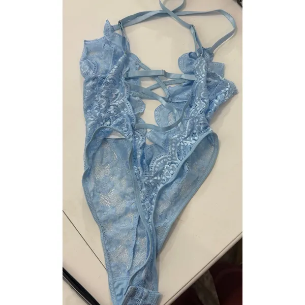 NEW Womens Blue Lingerie One Piece Stretch Lace Size Small Teddy Thong Bodysuit - Image 4