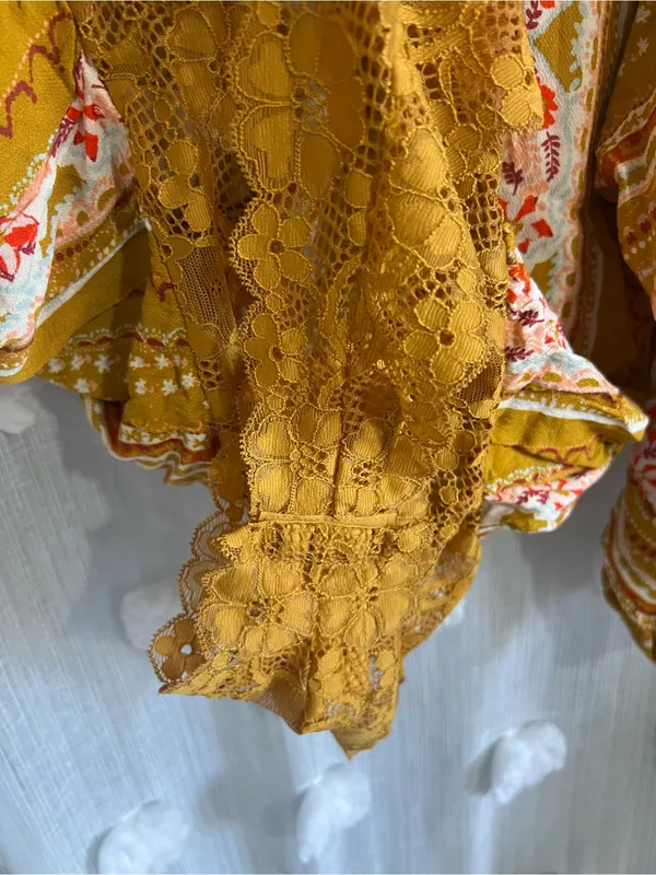 Free people intimately V-Neck Floral Stripe Lace-Trim Bodysuit - Mustard - Image 3