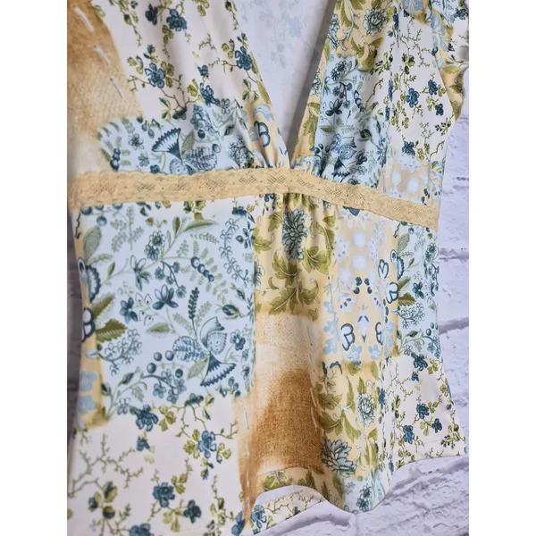 VTG Y2K Rave Patchwork Lace Top Cami Cap Sleeve Blue Yellow Cottagecore Sz S M - Image 3