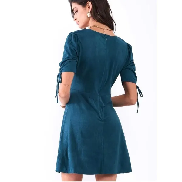 Sugar + Lips Faux Suede Mini Homecoming Dress‎ Women M Teal Ruched Boho Holiday - Image 2