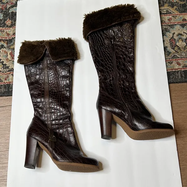 Charles David Embossed Leather Faux Fur Brown Boots 6.5 - Image 8