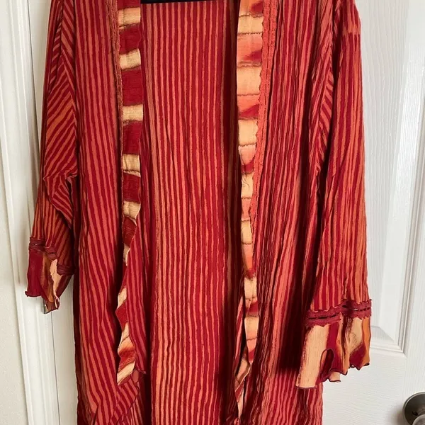 Freestyle Boho Red Striped Kimono Cardigan Open Front Duster Size 1X - Image 4