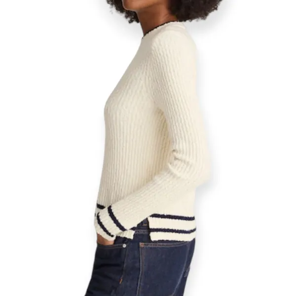 NWT Madewell Boucle Knit Crewneck Sweater Size Large Cream Navy Stripe - Image 2