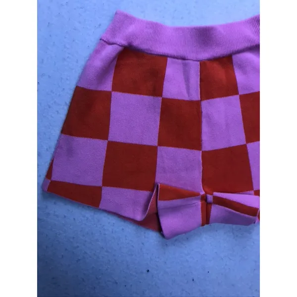 STARFIT Knit Shorts Women Size M Pink Orange Checkered High Waisted Retro - Image 7