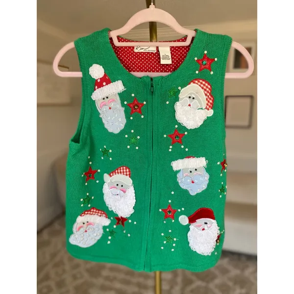 Kim Rogers Santa‎ Christmas Vest Knit Holiday Festive Green Embellished Parisian - Image 2