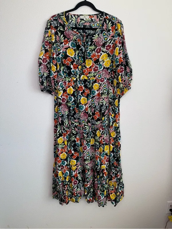Natural Life Dress Sage V Neck Maxi Tiered Black floral Red Multi Yellow Accents - Image 5