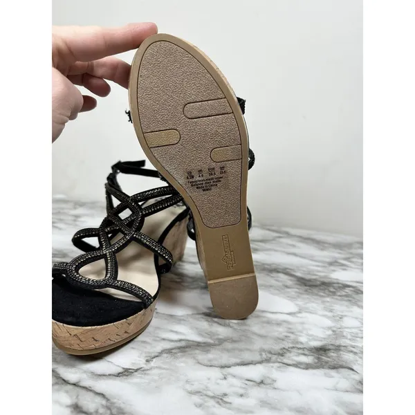 Fergalicious Mimic Wedge Sandals Women 6.5 Black Rhinestone Strappy Platform - Image 7