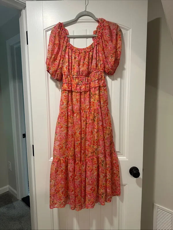 NSR Pink Floral Puff-Sleeve Tiered Maxi Dress - Image 3