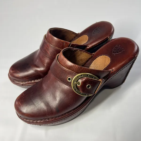 Ariat Womens 7.5B Brown Leather Wedge Clogs Buckle Mules Comfort Shoes Casual‎ - Image 3