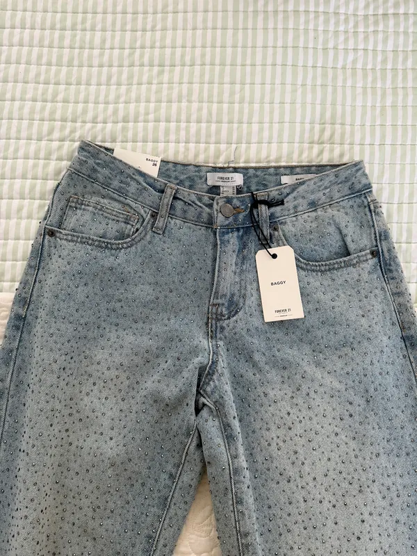 Rhinestone Jeans Forever 21 Straight-Leg Blue denim - Image 2