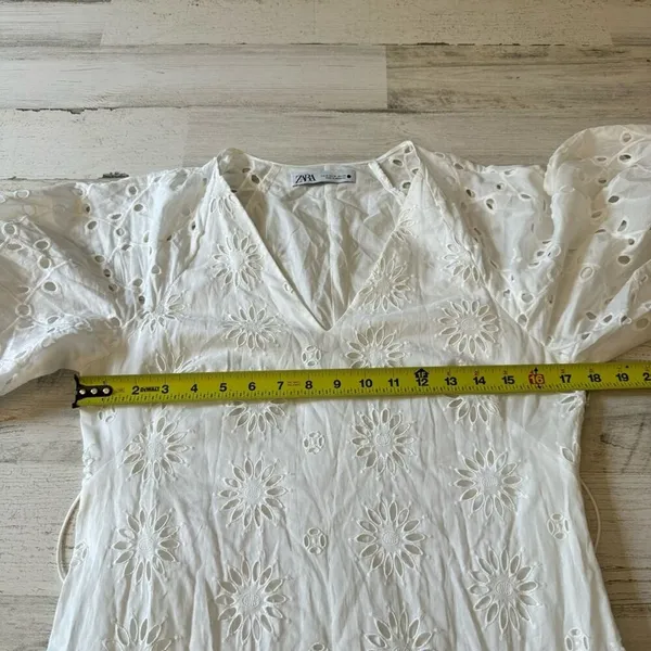 Zara Eyelet Cotton Midi Dress Puff Sleeve Belted Floral Ruffle Tiered Medium - Image 14
