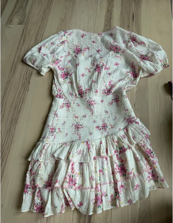 LoveShackFancy Cream Mini Dress with Pink Floral Print - Image 3