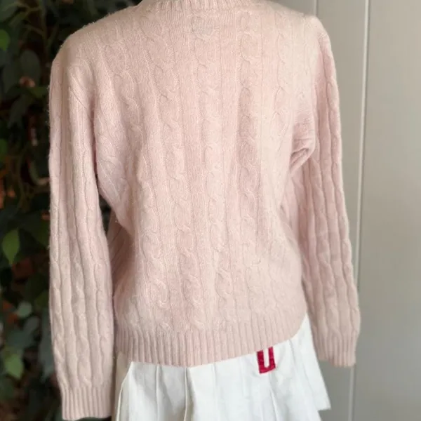 Baby Pink Cable Knit Cashmere Sweater Women's Crewneck Preppy Style - Image 5
