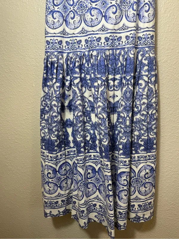 Antonio Melani Blue White Mediterranean Tile Print Midi Dress Square Neck Size 6 - Image 4
