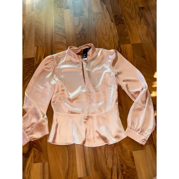 Lulus Satin Peplum Top Mock‎ Neck Long Sleeve Blouse Cutout Back Party Women S - Image 2