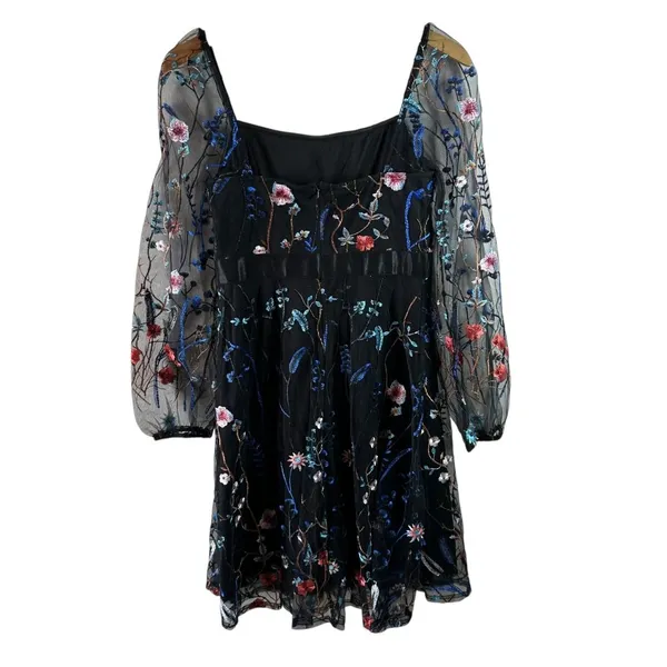 NWT JJ’s House Black Sheer Embroidered Dark Floral Romantic Dress Size M - Image 7