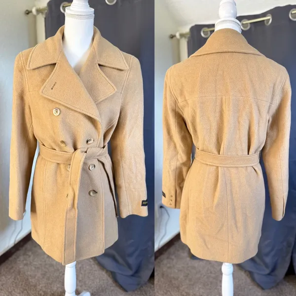 Vintage John Weitz Pure Camel Hair Double Breasted Pea Coat Women Size 8 Tan - Image 3