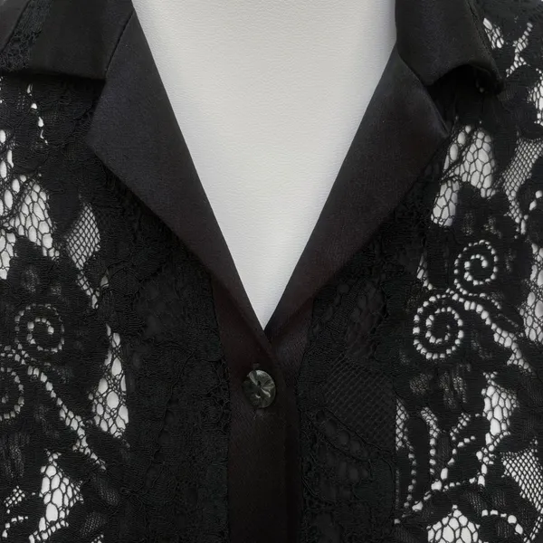 Whimsigoth Lace Button Down Shirt Sm Black Sheer Floral Sleeve Vampy Dark Witchy - Image 3