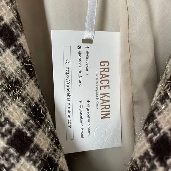 NWT Grace Karin Tweed Pea Coat Plaid Women Size XL Raw Edges Belted Cream Brown‎ - Image 9
