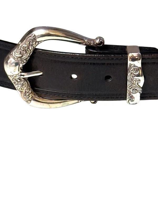 Brighton Black Pierced Leather Belt with Silver Western Buckle Sz L 34 - Image 2