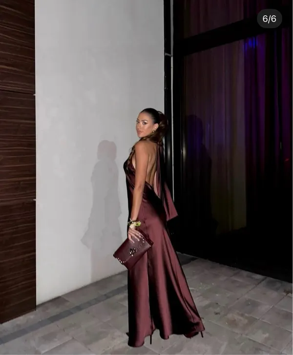 Zara maxi halter scarf satin Elegant Burgundy Brown Evening Wedding Dress - Image 7