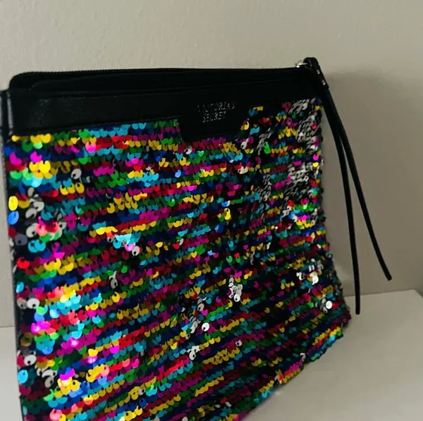 Victoria's Secret Rainbow Sequin Bag Makeup Clutch Purse Zippered Closure - Image 2