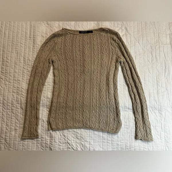 Lauren Ralph Lauren cable knit sweater in tan - Image 3