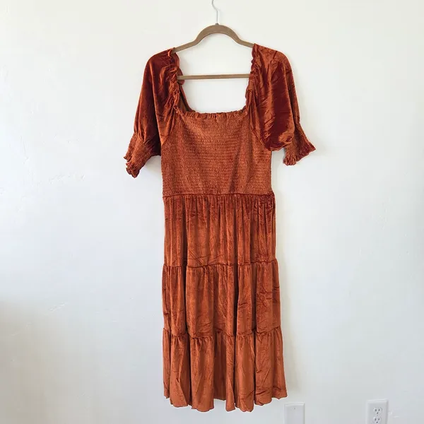 Burnt Orange Copper Velvet Maxi Dress Tiered Smocked Holiday Party Christmas M - Image 9