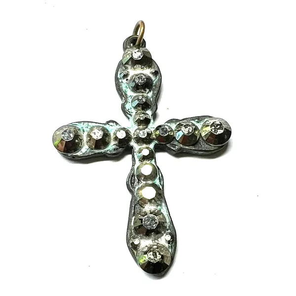 Anne Koplik Faith Jesus decorative cross pendant iridescent crystals aged metal - Image 6