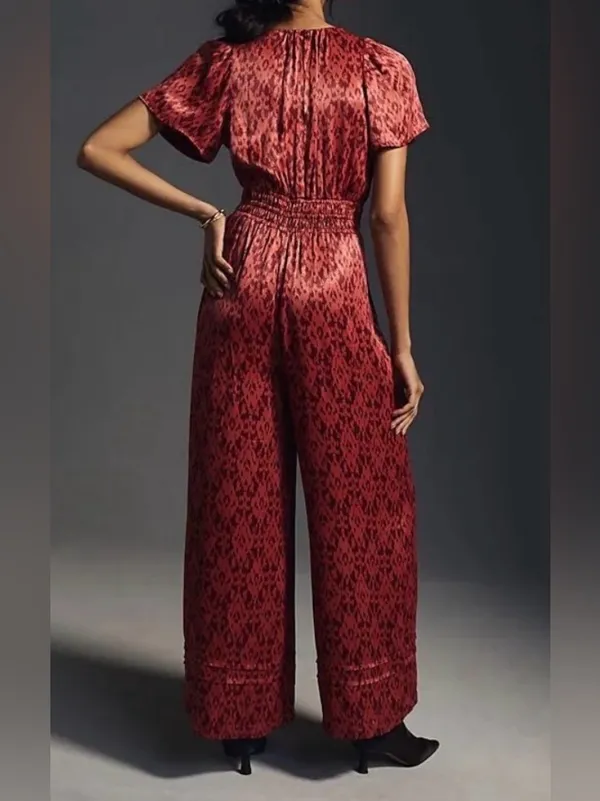 Anthropologie somerset jumpsuit satin feel smock waist rust fall size Small - Image 3