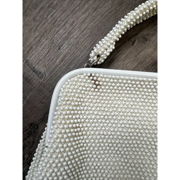 60s Beaded White Handbag Handle Evening Bag Purse USA Two Sided - Image 4
