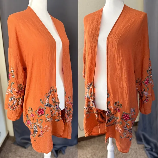 Boho Embroidered Kimono Cardigan Duster Rust Floral Open Front Festival One Size - Image 11