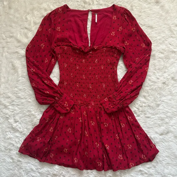 Free People Dress Two Faces Mini Ruched Bodice Long Sleeve Boho Ruby Red S - Image 3