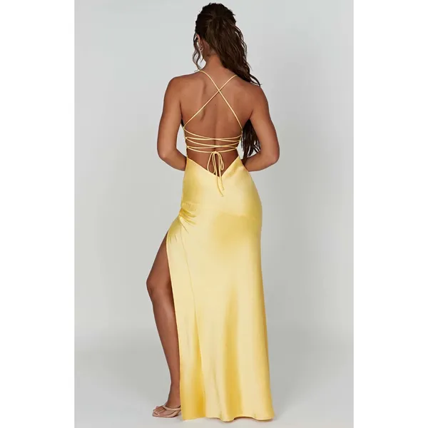 NWT Babyboo Isobel Lemon Yellow Satin Lace Up Back High Slit Maxi Dress Size M - Image 10